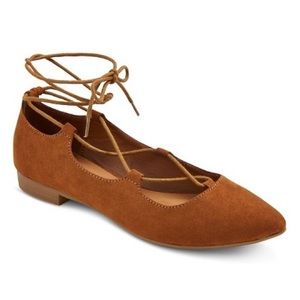 MOSSIMO Kady Pointy Toe Lace up Ballet Flats Cognac Brown 8